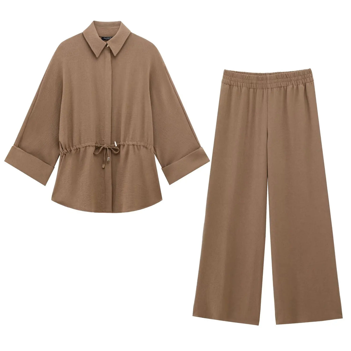 Belted Shirt and Wide-Leg Pants Set