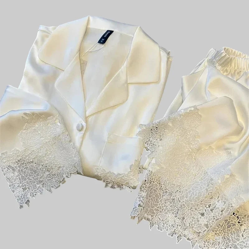 Button-Front Long Pyjama Set with Lace-Trim Pants