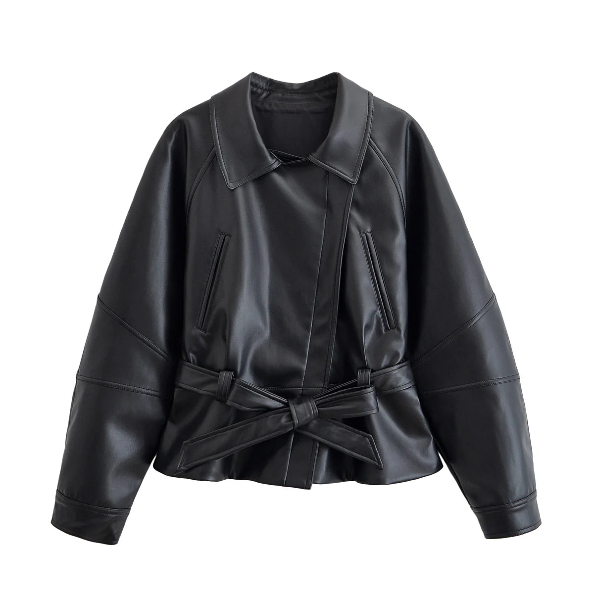 Belted Faux-Leather Peplum Jacket