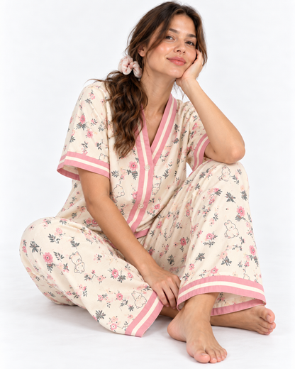 Floral V-Neck Long Pyjama Set