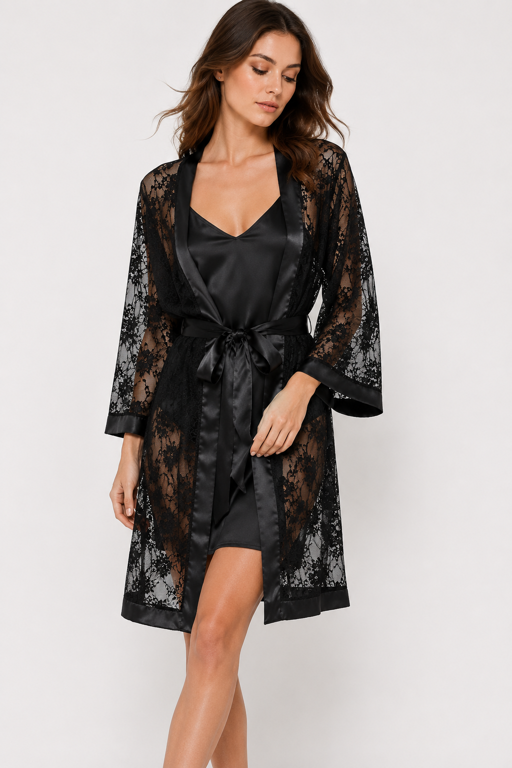V-Neck Lace Dressing Gown with Tie Waist