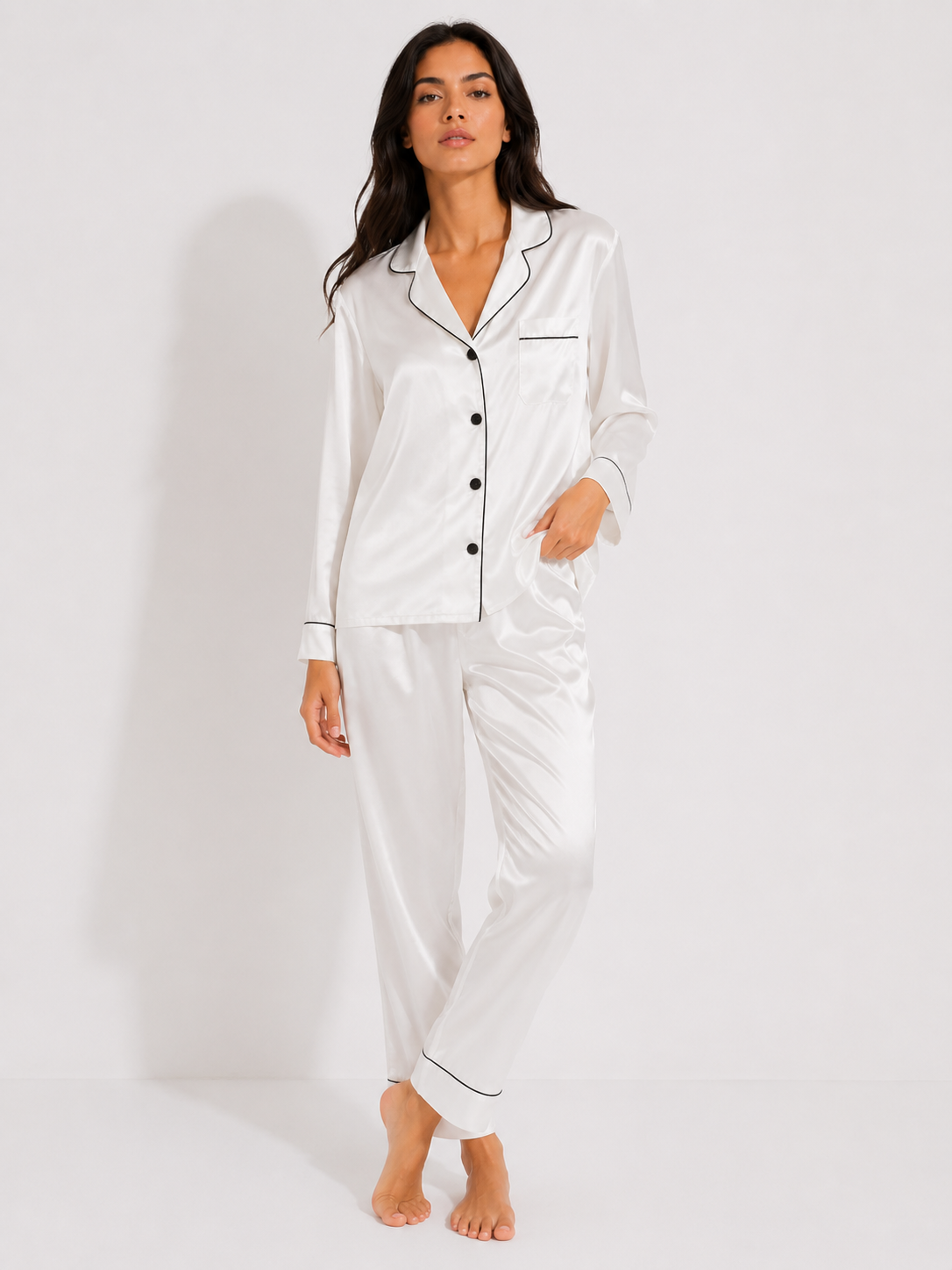 Smooth-Finish Long Pyjama Set with Revere Collar