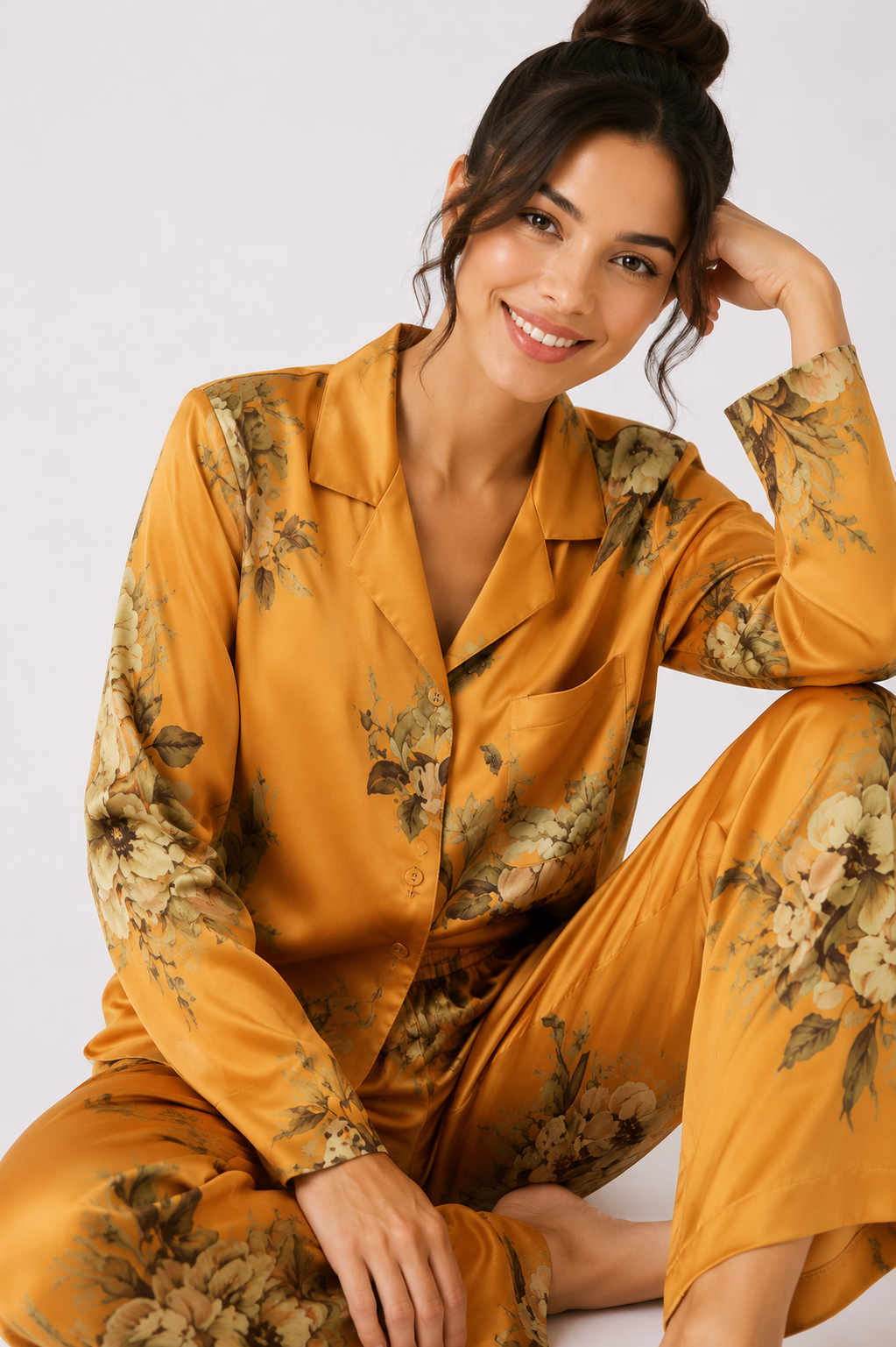 Satin-Look Long Pyjama Set with Revere Collar