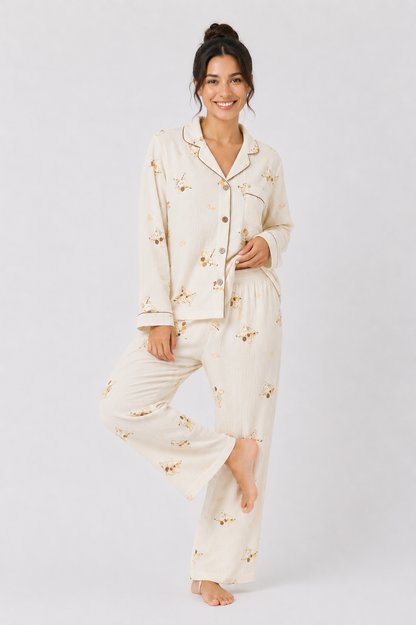 Contrast-Piped Long Pyjama Set with Straight-Leg Pants