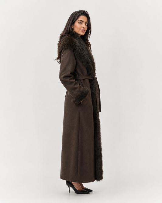 Plush-Panelled Belted Coat