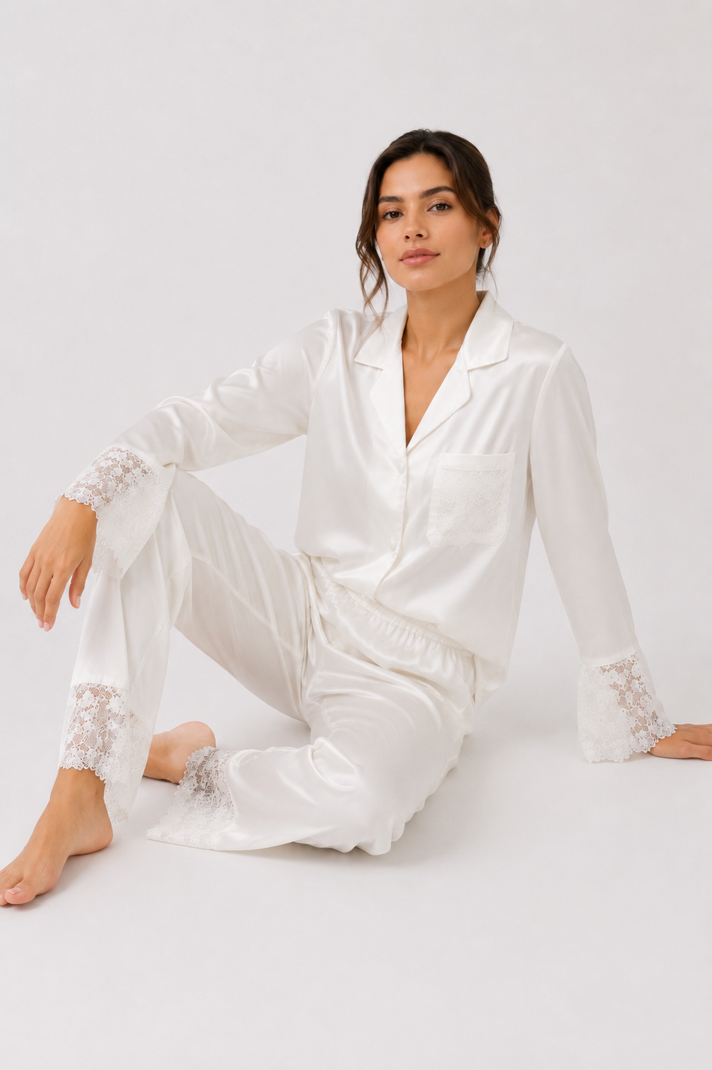 Button-Front Long Pyjama Set with Lace-Trim Pants