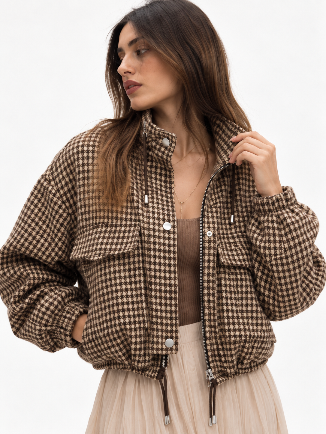 Houndstooth High-Neck Cropped Jacket