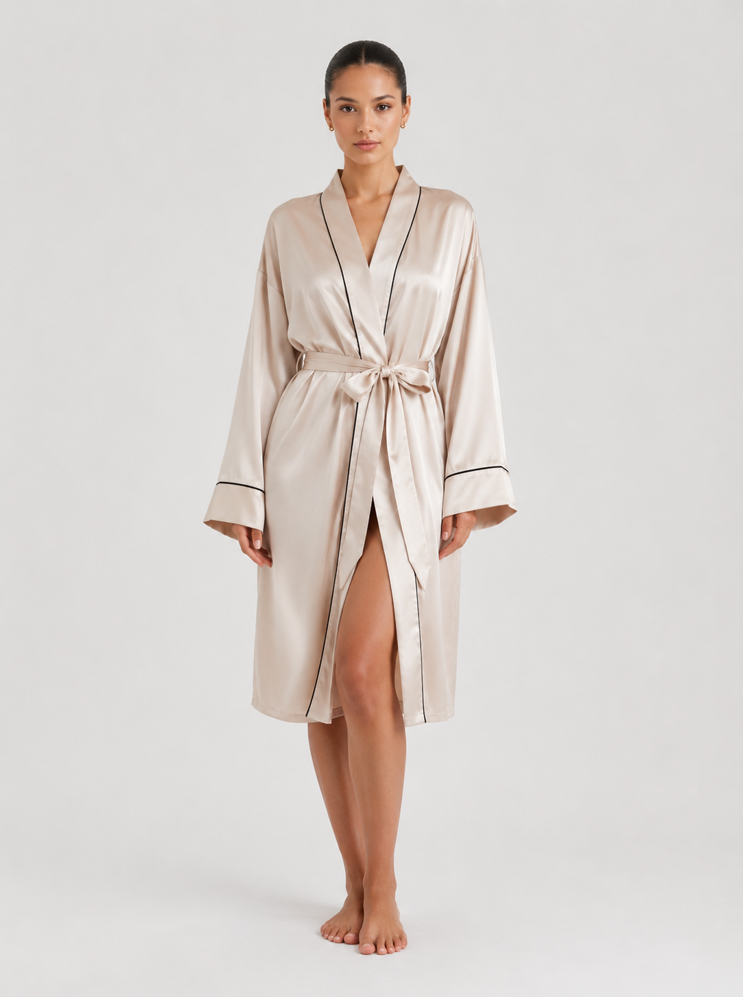 Contrast-Piped Open-Front Dressing Gown