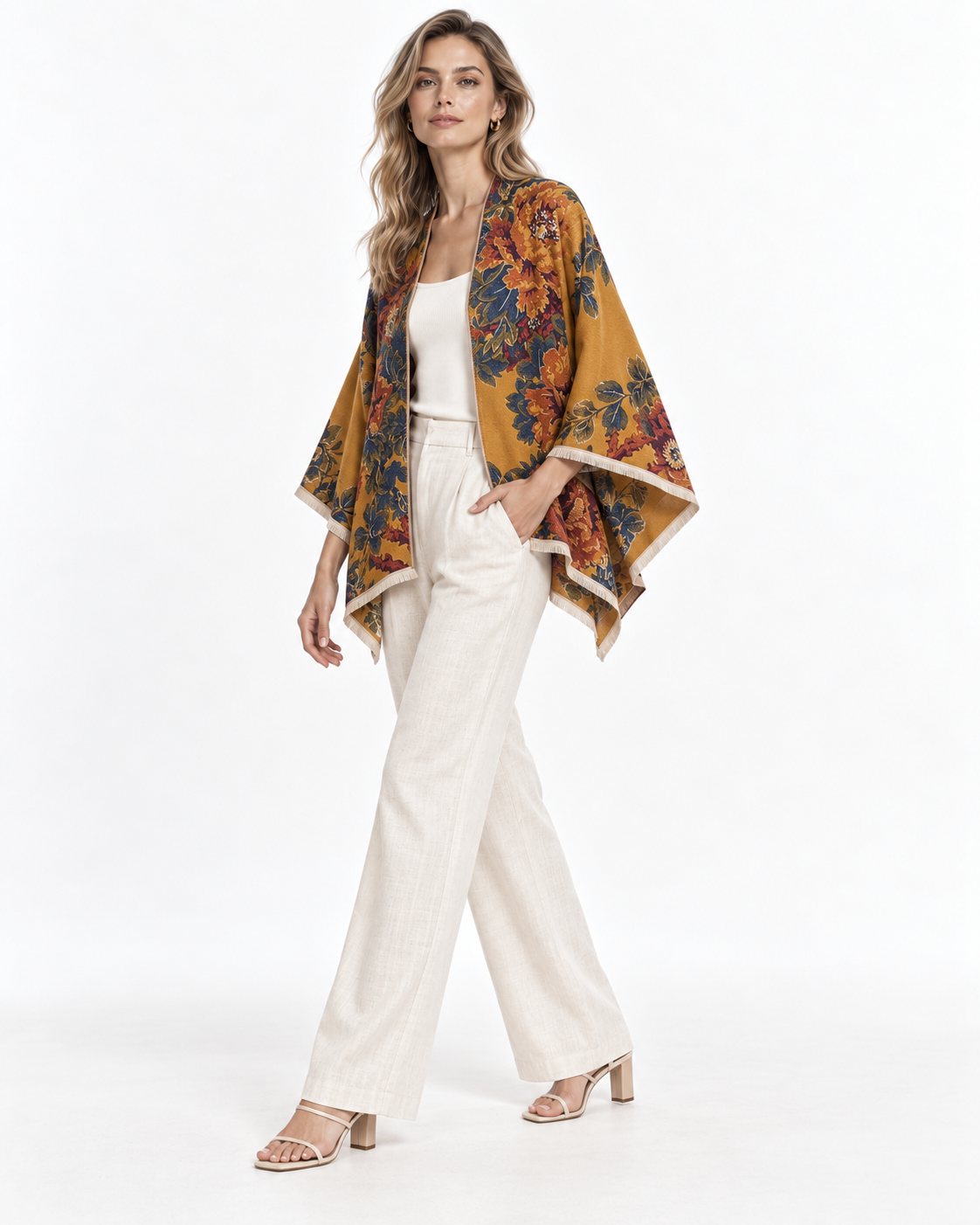 Floral-Print Draped Shawl