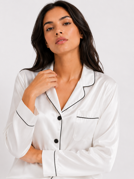 Smooth-Finish Long Pyjama Set with Revere Collar