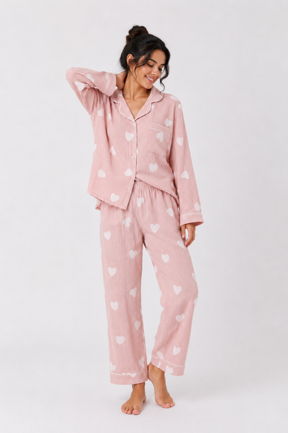 Contrast-Piped Long Pyjama Set with Straight-Leg Pants