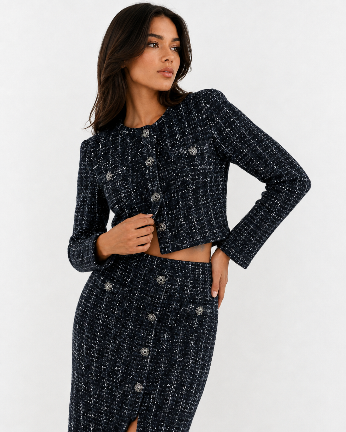 Bouclé Knit Cardigan & Midi Skirt Set