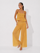 Lace-Trimmed Pleated Chiffon Cami Top and Wide-Leg Pants Two-Piece Set
