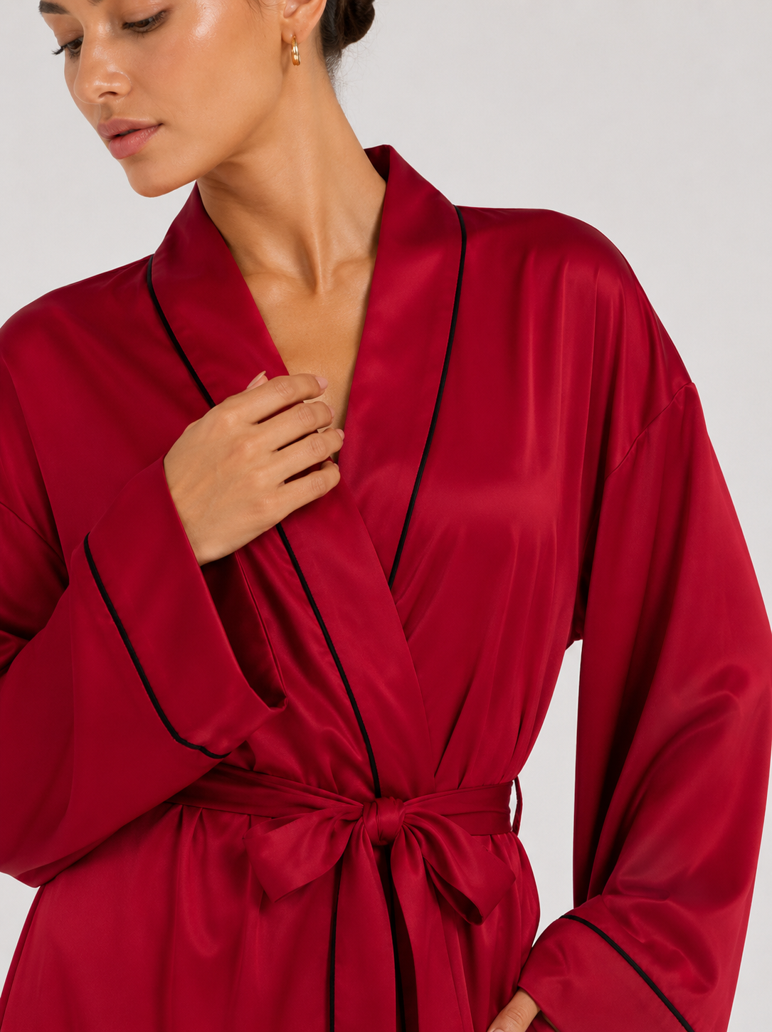 Contrast-Piped Open-Front Dressing Gown