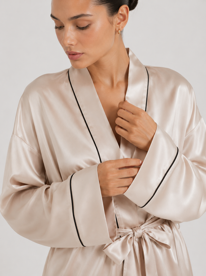 Contrast-Piped Open-Front Dressing Gown