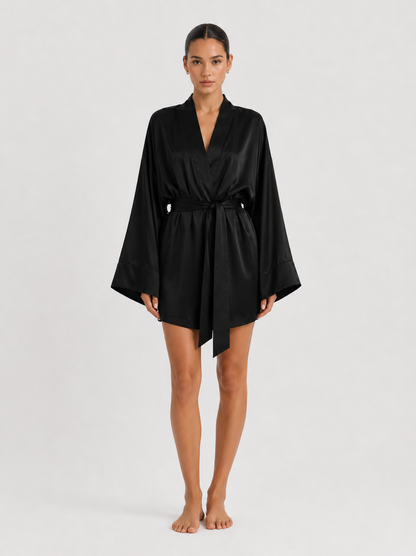 V-Neck Satin-Look Dressing Gown with Wide Sleeves