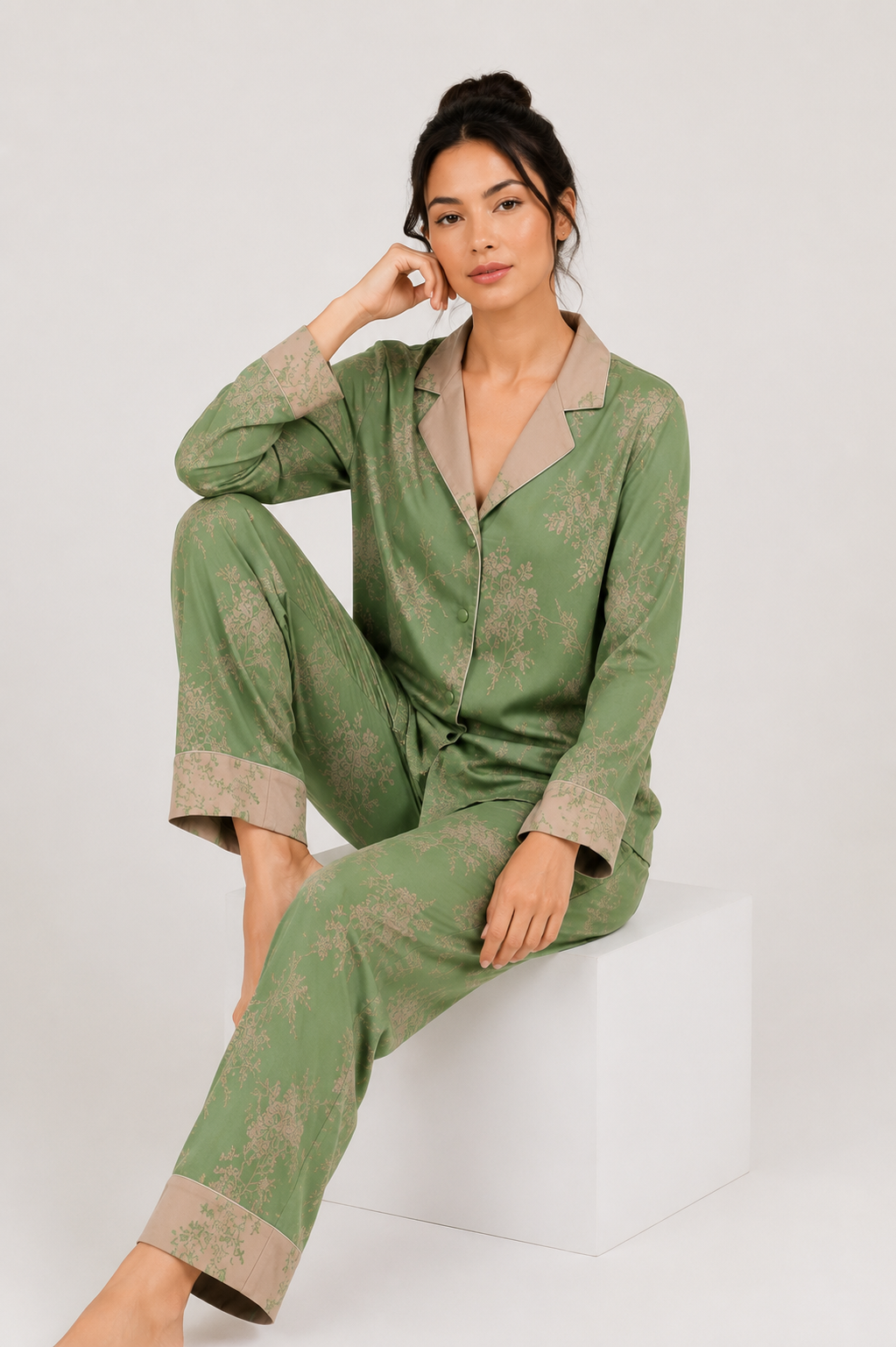 Printed Satin-Look Long Pyjama Set with Piping