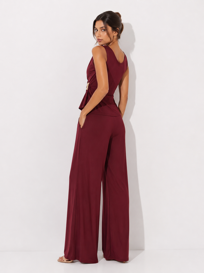Draped Sleeveless Top and Wide-Leg Pants Set