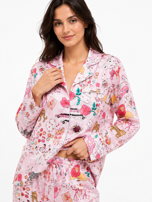 Floral-Print Long Pyjama Set with Wide-Leg Pants