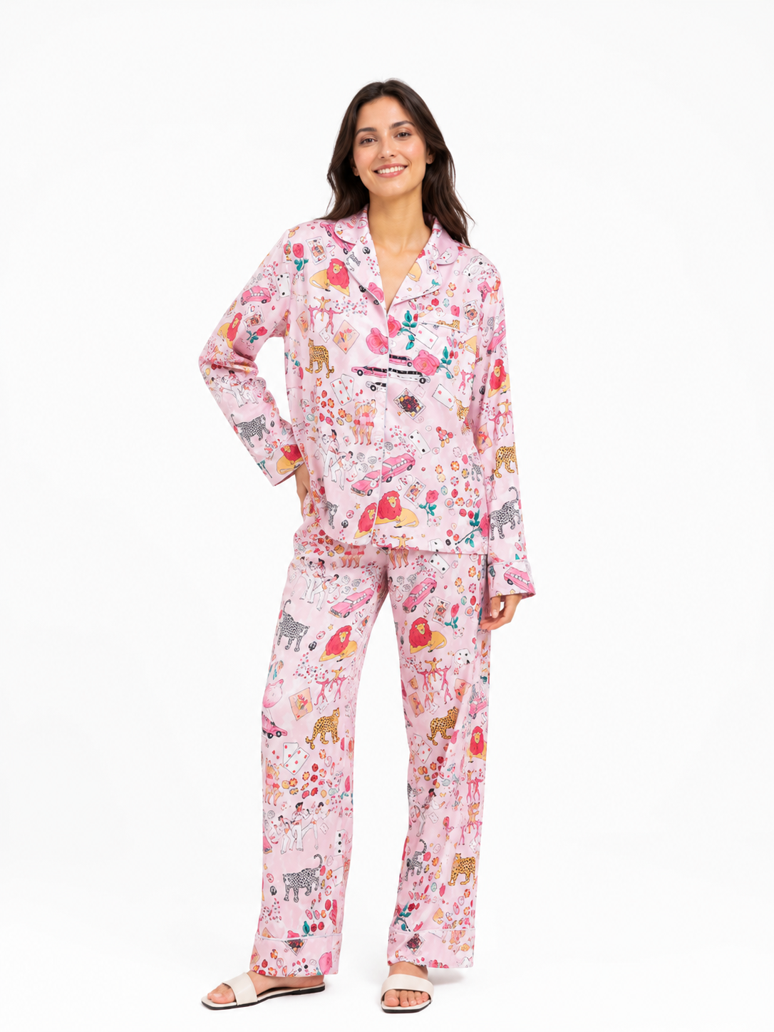 Floral-Print Long Pyjama Set with Wide-Leg Pants