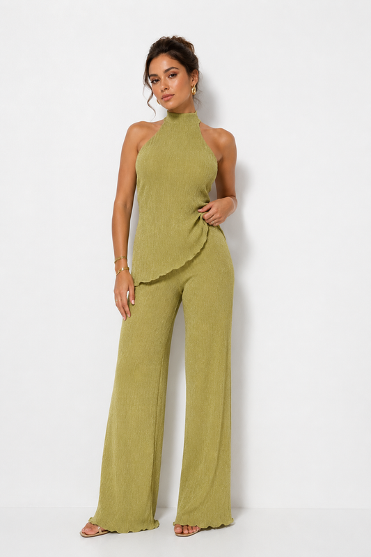 Sleeveless High-Neck Top and Wide-Leg Pants Set