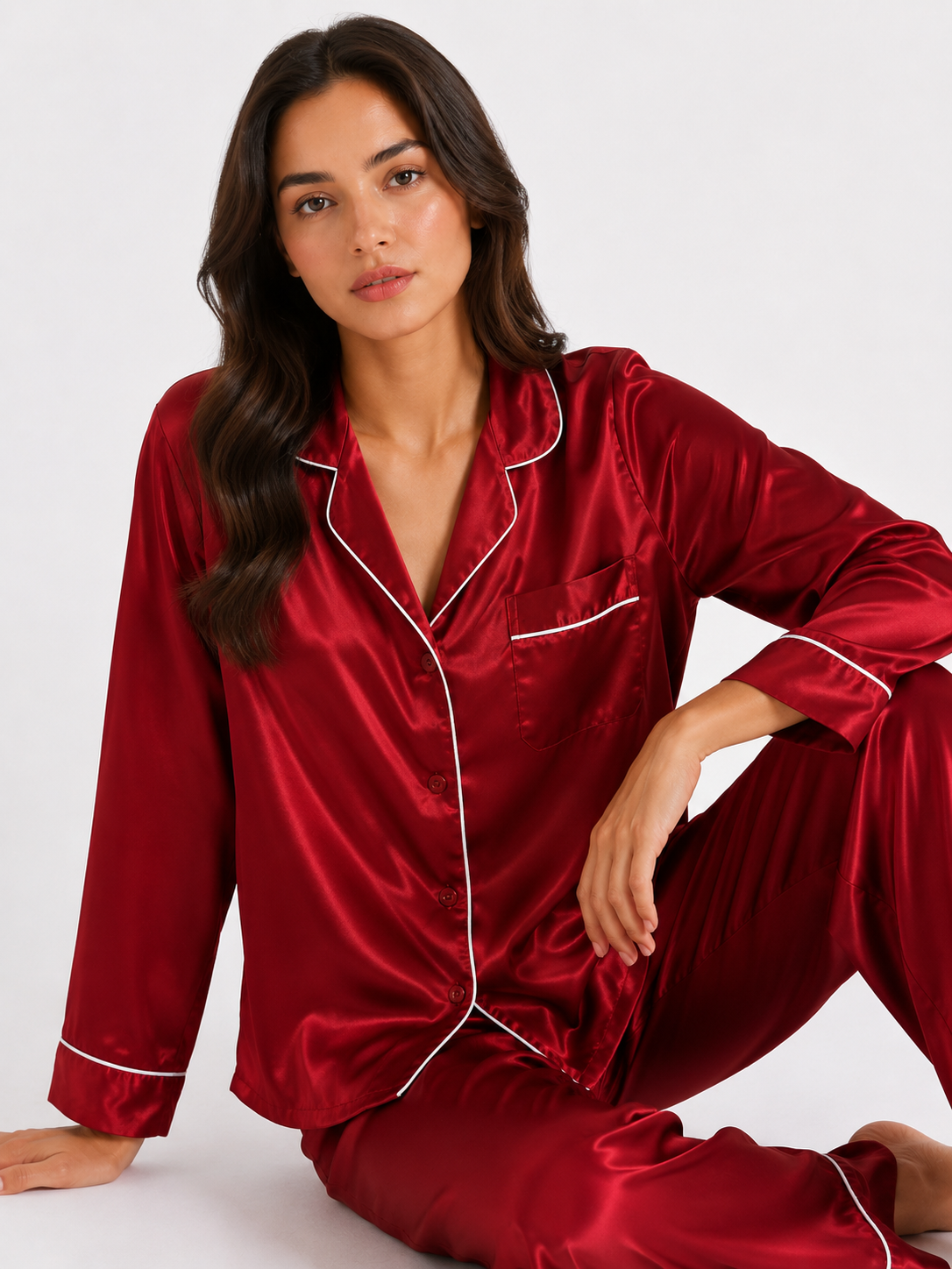Smooth-Finish Long Pyjama Set with Revere Collar