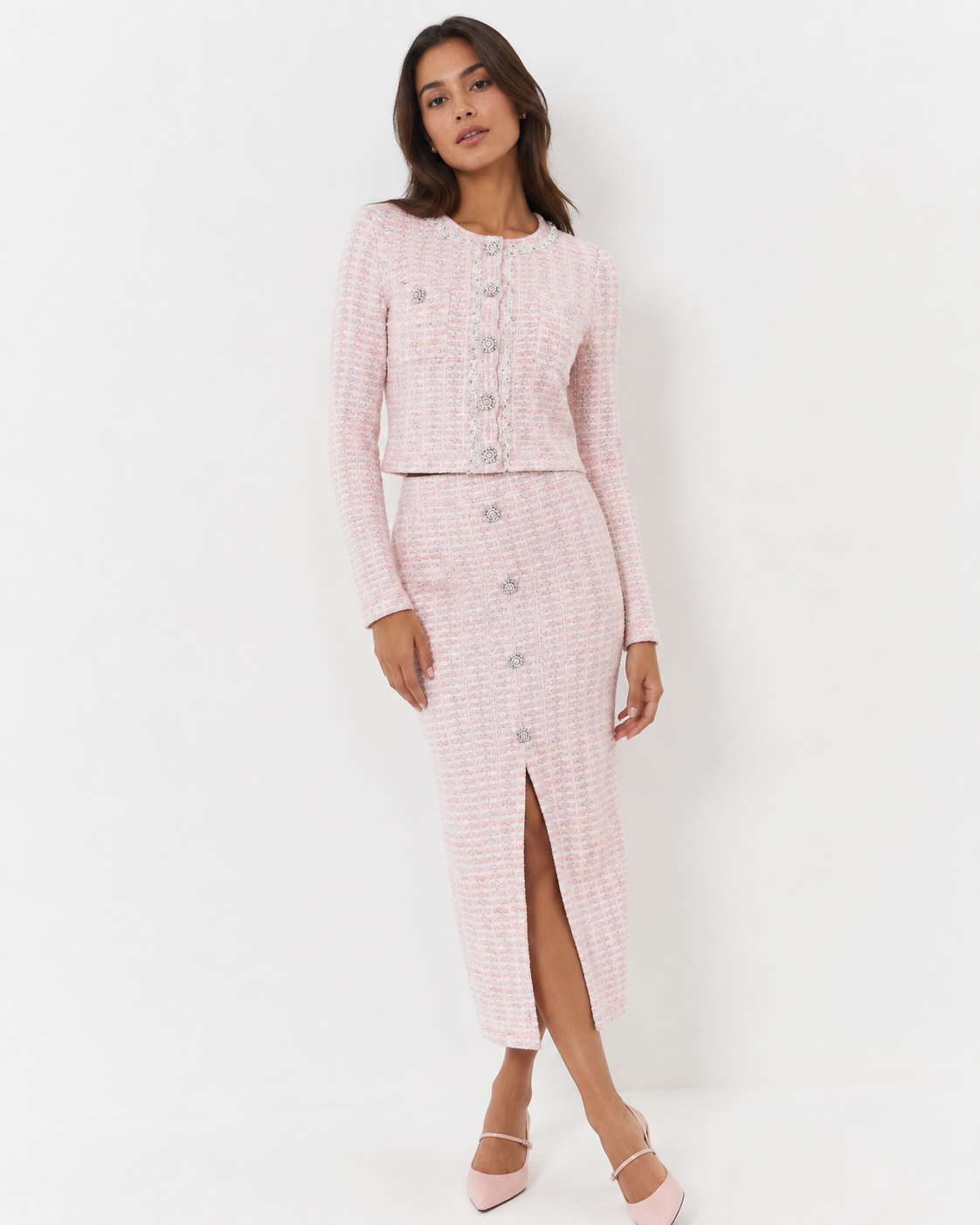 Bouclé Knit Cardigan & Midi Skirt Set