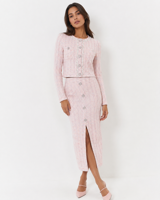 Bouclé Knit Cardigan & Midi Skirt Set