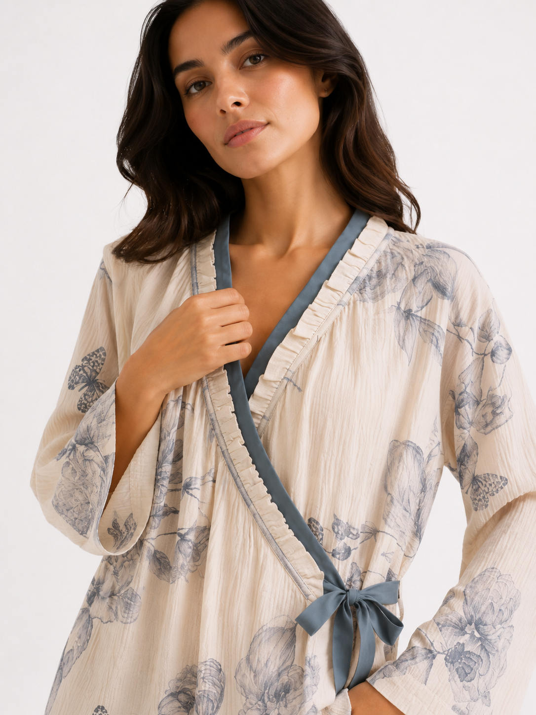 Kimono-Style Wrap Long Pyjama Set with Tie Waist