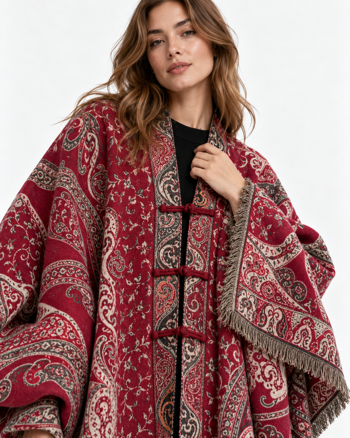 Paisley-Print Tassel Cape