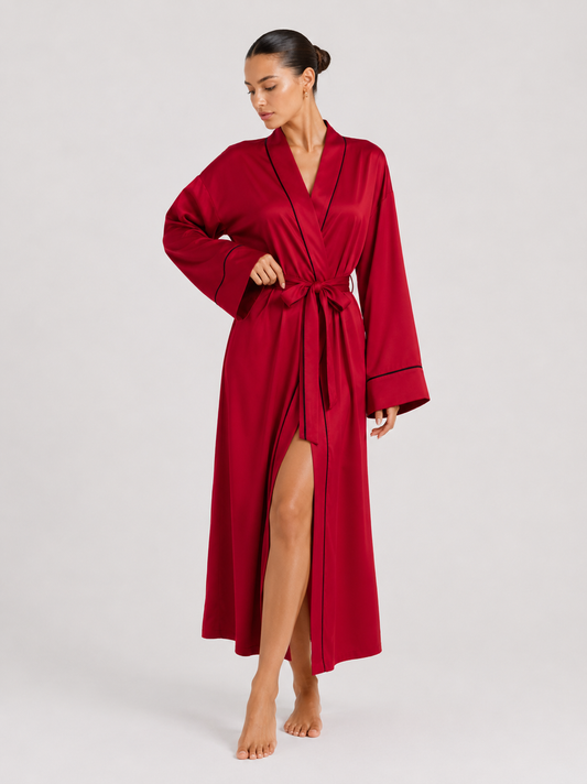 Contrast-Piped Open-Front Dressing Gown
