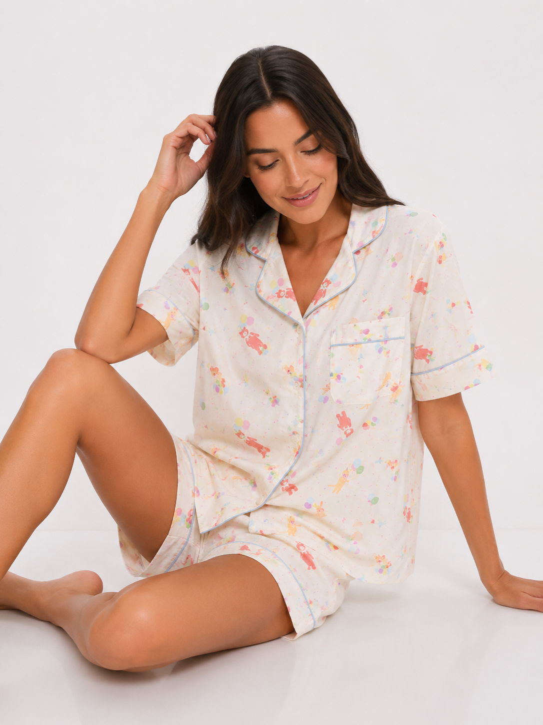Textured Short Pyjama Set with Fine Piping