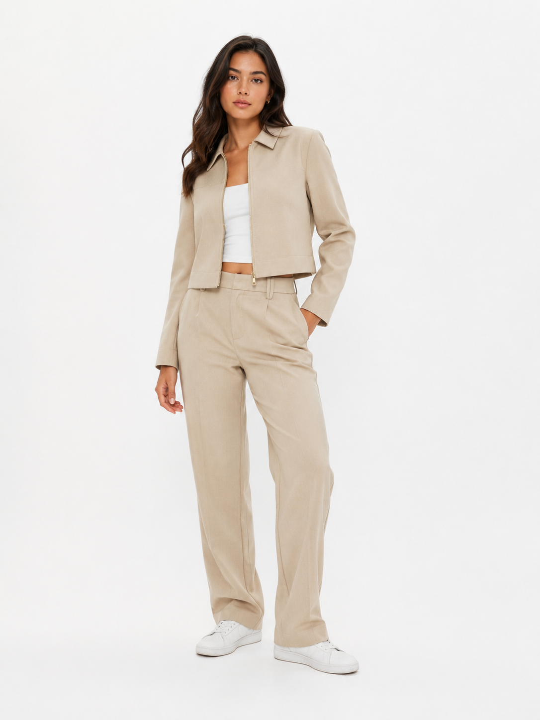 Buttoned Knit Cardigan and Tailored Pants Set