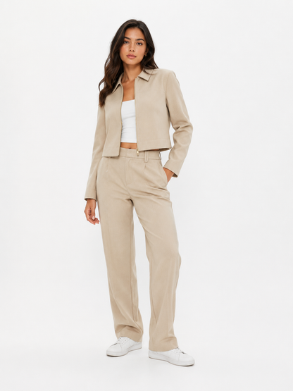 Buttoned Knit Cardigan and Tailored Pants Set
