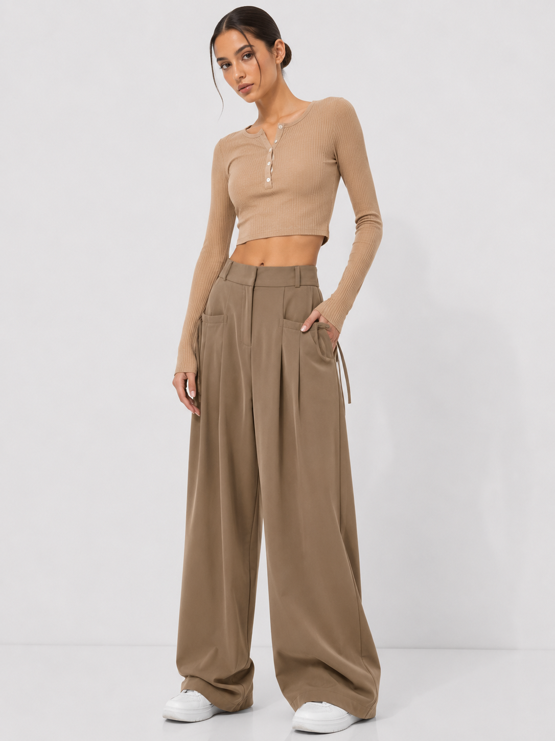 Gathered High-Waist Wide-Leg Pants