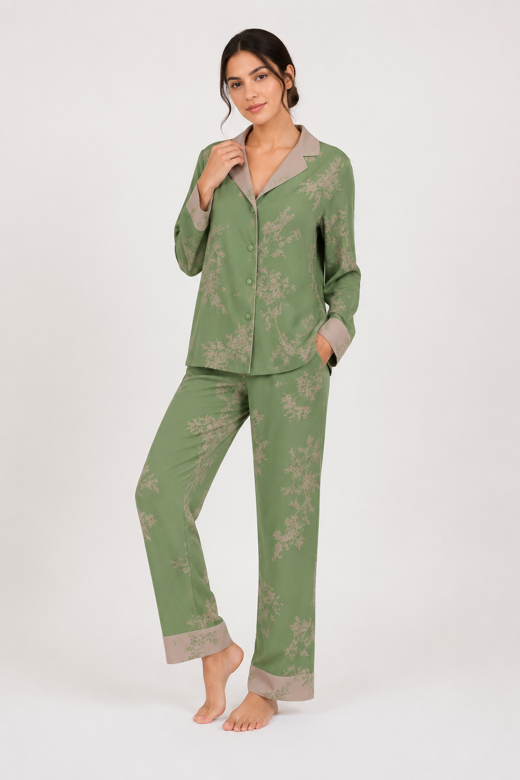 Printed Satin-Look Long Pyjama Set with Piping