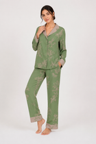 Printed Satin-Look Long Pyjama Set with Piping