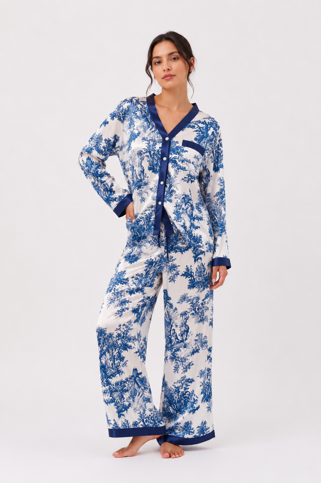 Piped Long-Sleeve Button-Front Pyjama Shirt