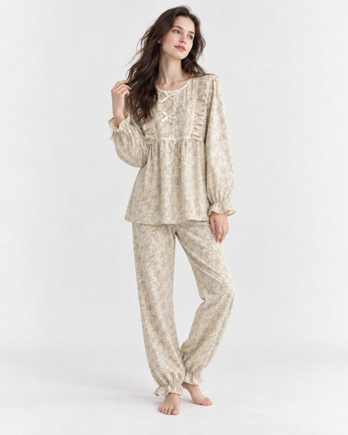 Printed Long Pyjama Set with Bow Detail