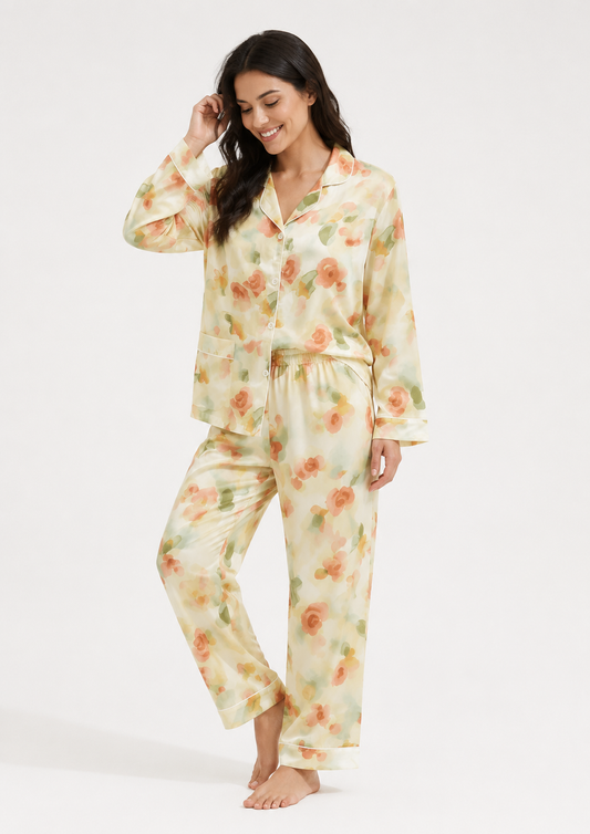 Revere-Collar Long Pyjama Set with Button Front
