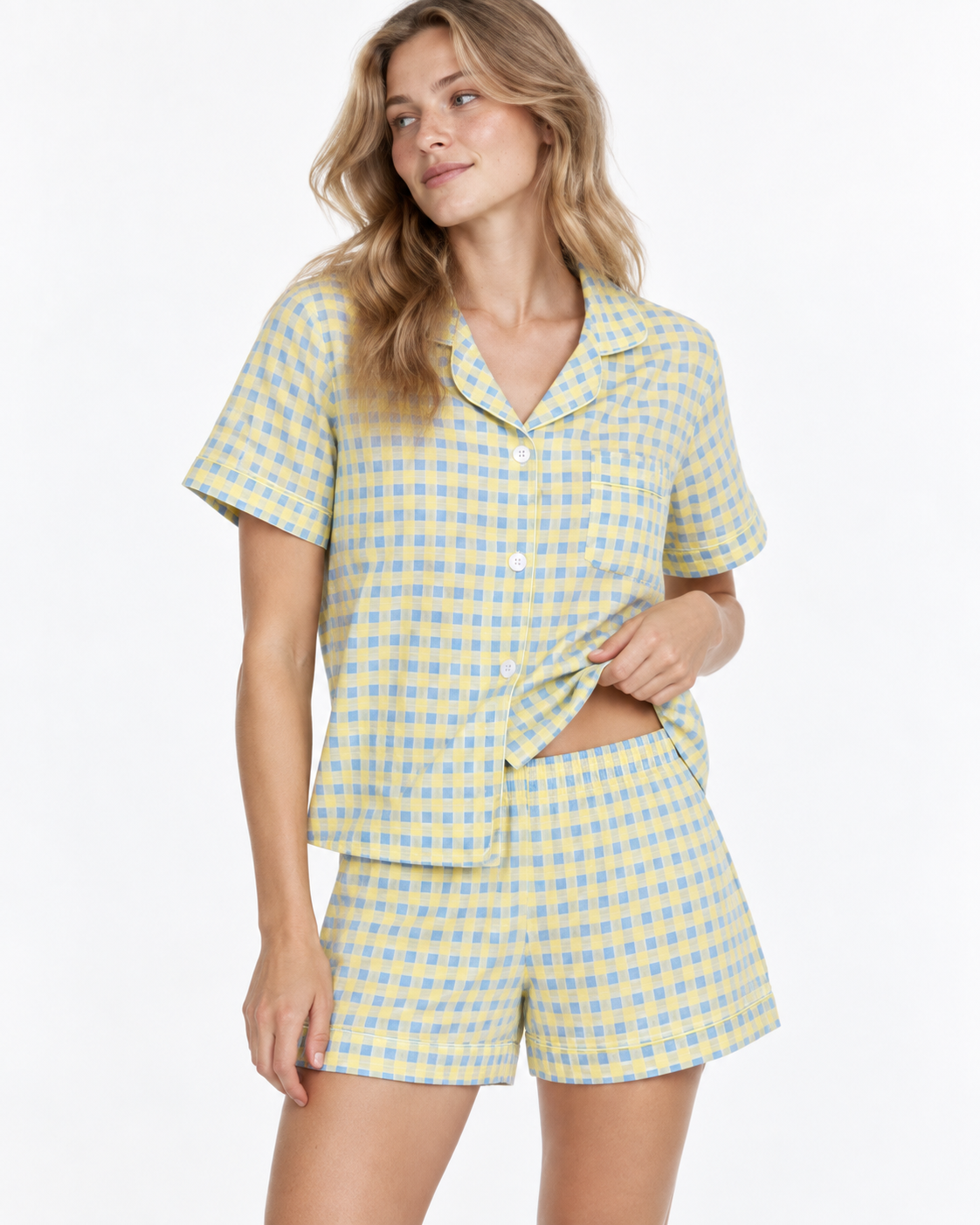 Check-Pattern Short Pyjama Set with Statement Collar
