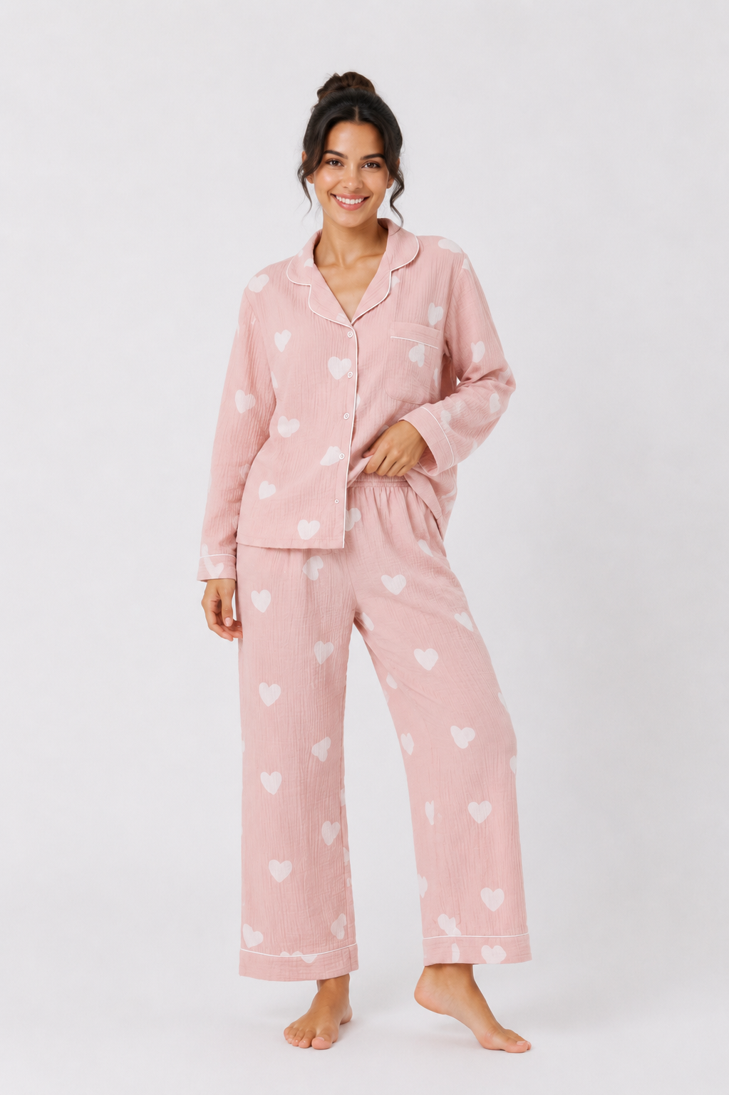 Contrast-Piped Long Pyjama Set with Straight-Leg Pants