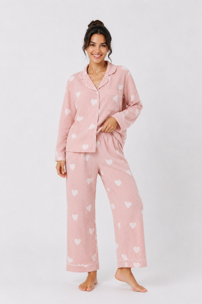 Contrast-Piped Long Pyjama Set with Straight-Leg Pants