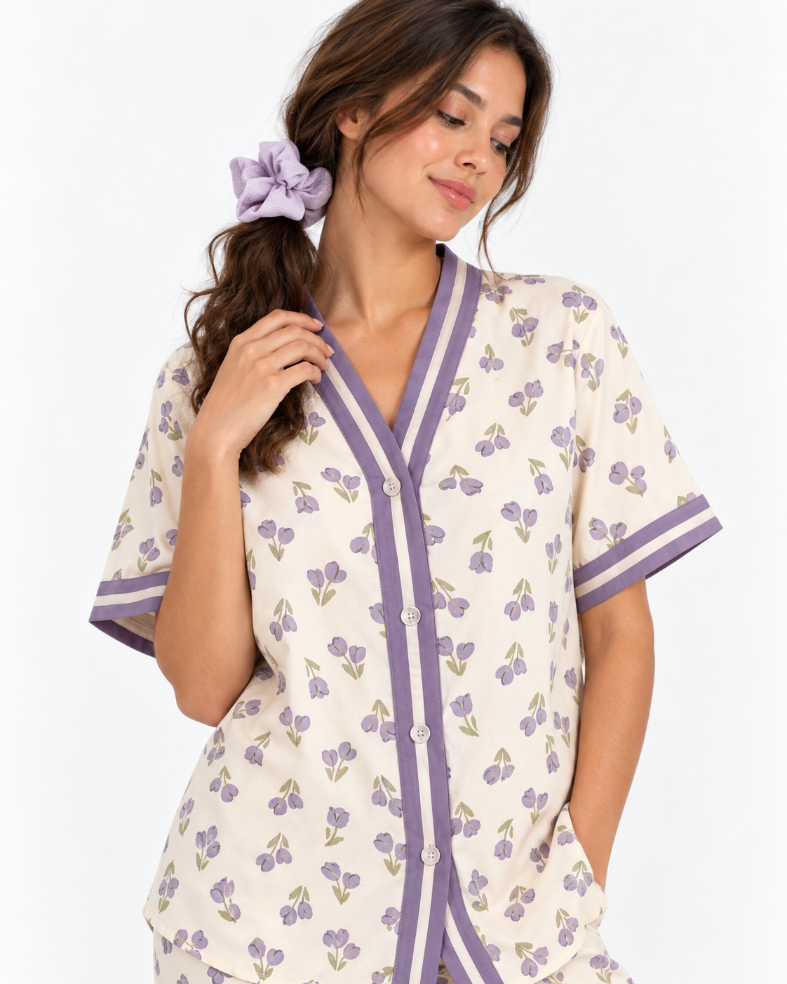 Floral V-Neck Long Pyjama Set