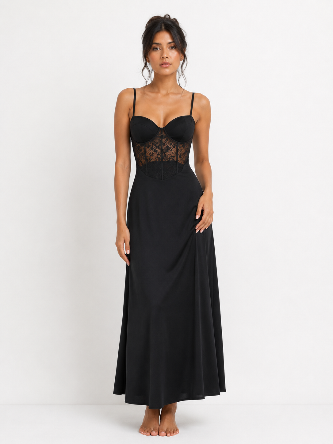 V-Neck Long Slip Nightdress with Detailed Bodice