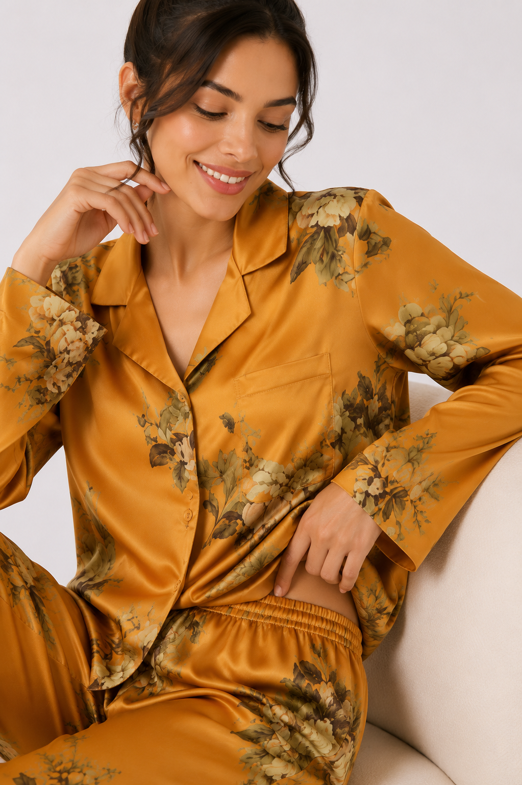 Satin-Look Long Pyjama Set with Revere Collar