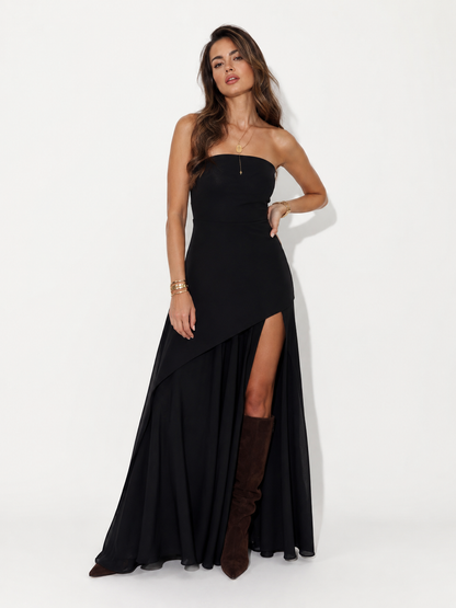 Asymmetric-Overlay Strapless Maxi Dress
