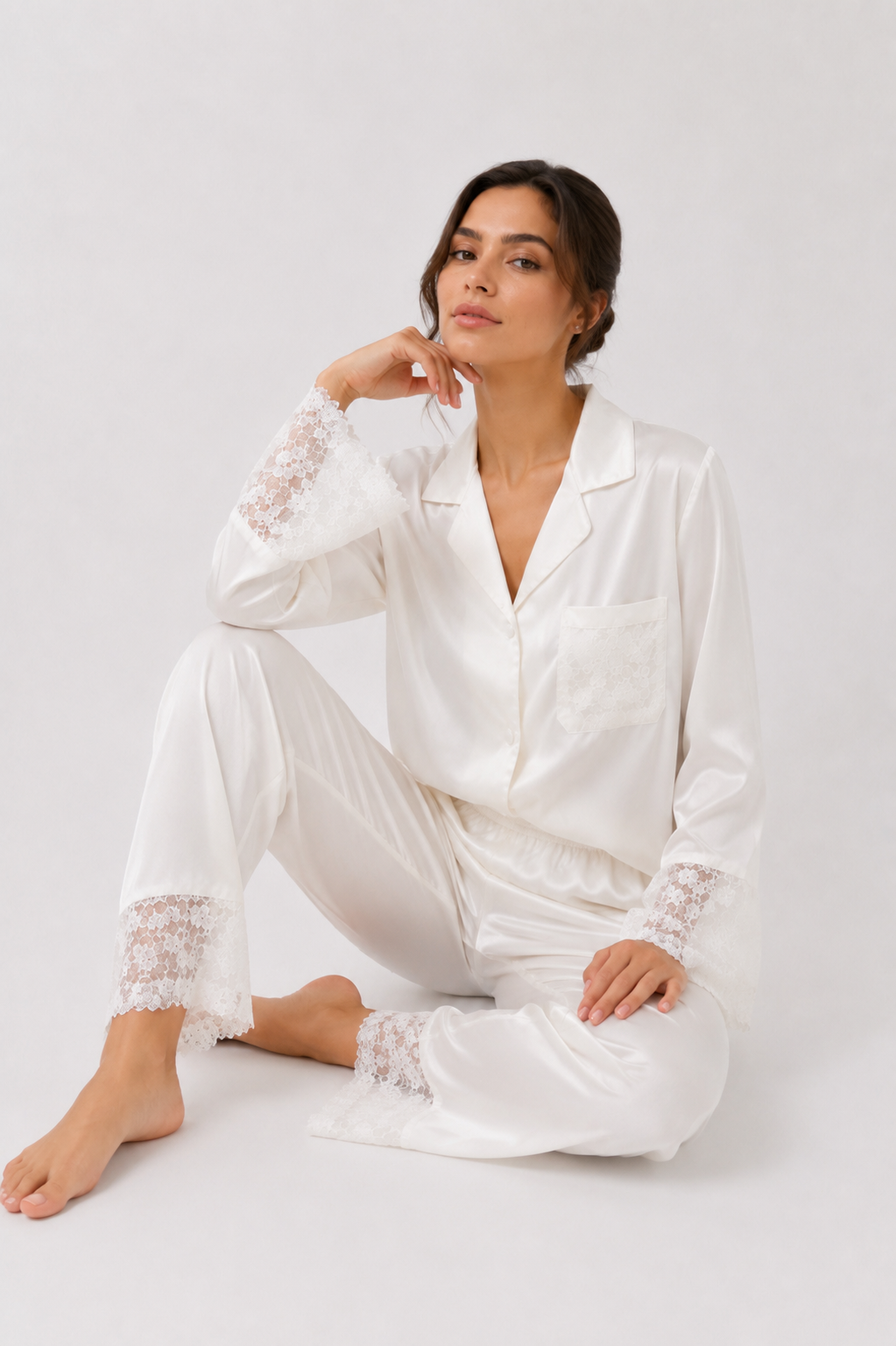 Button-Front Long Pyjama Set with Lace-Trim Pants