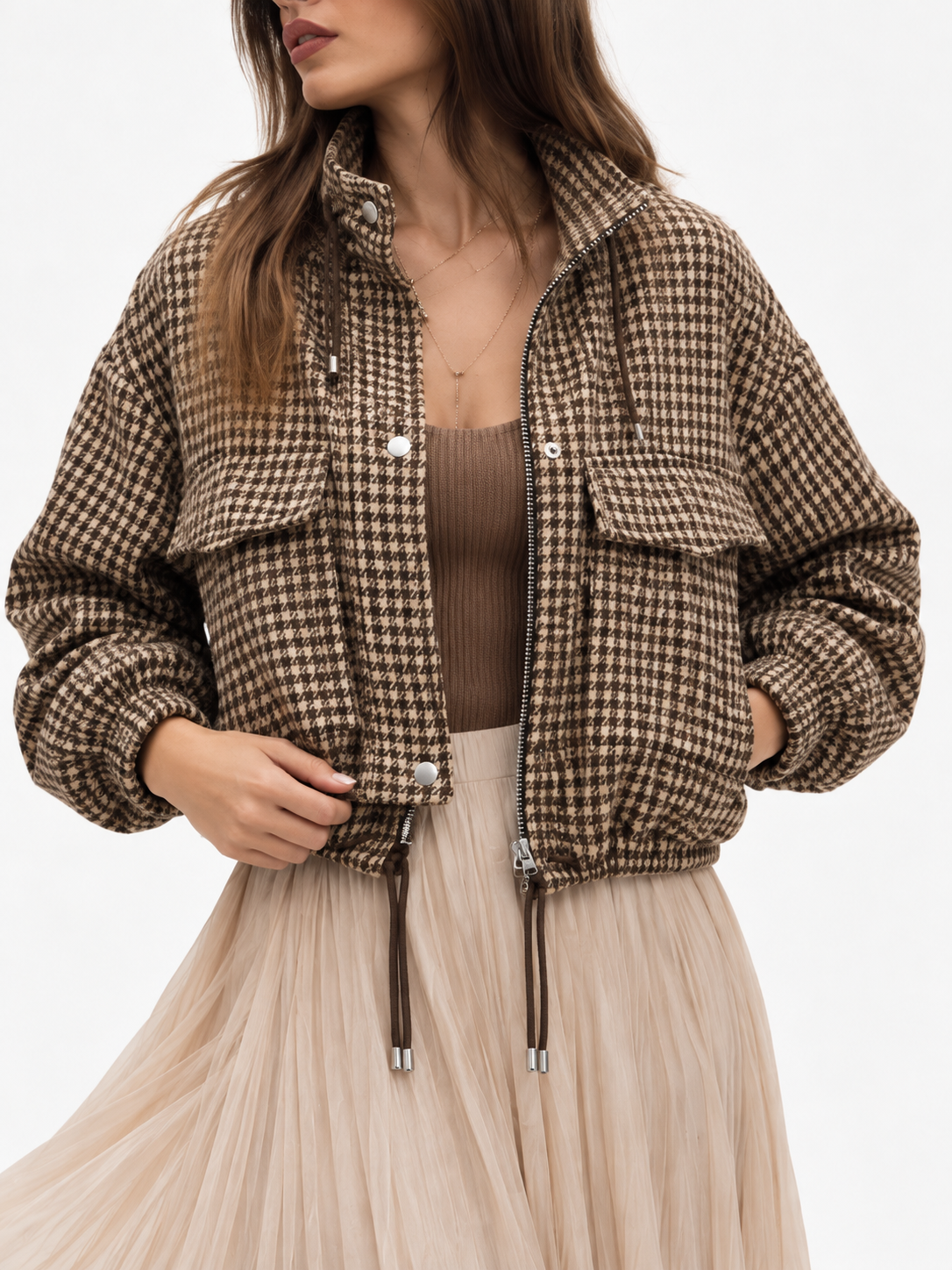 Houndstooth High-Neck Cropped Jacket