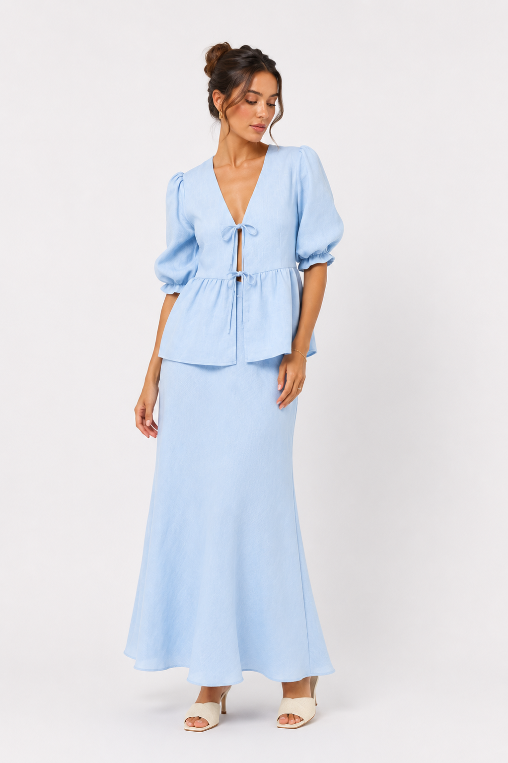 Ruffle Sleeve Blouse and Flowing Maxi Skirt Set